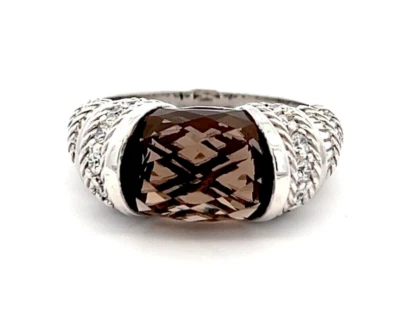 Judith Ripka Sterling Silver 925 Smoky Quartz Cocktail Ring Size 10 w/CZ Accents - Image 1 of 4