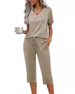 Womens Pajama Sets Short Sleeve Pjs Soft Comfy Capri Sleepwear with Pockets2-... - Picture 1 of 5