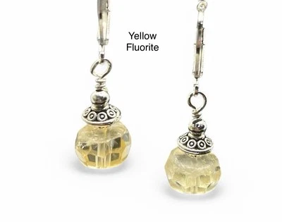 Pendientes hechos a mano de piedra facetada genuina de fluorita amarilla Foto 1 de 4