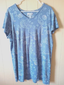 ERIKA TAYLOR Womens Large Blue White Paisley Print V-Neck Tunic Short Sleeves - Picture 1 of 7