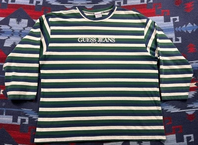 Camisa de mezclilla Guess de colección años 90 EE. UU. Adulto M Verde Rayas Manga Larga Deletreada Foto 1 de 4
