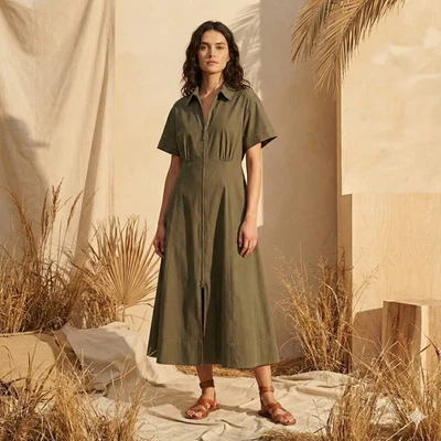 Vestido Camisa J Crew Cremallera Algodón Popelina 16 Verde Oliva Safari Minimalista Utilidad Foto 1 de 4
