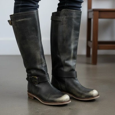 Lucky Brand Angelika Womens Leather Riding Boots Pull On Buckle Distressed Black - Image 1 of 4