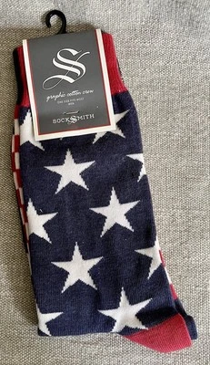 Mens One Sz Fits Most Patriotic Red White Blue Stripes Stars Socks By Sock Smith - Image 1 of 4