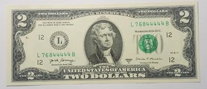 GEM Uncirculated 2017A $2.00 note with fancy 5 of a kind serial# L76844444B - Picture 1 of 2