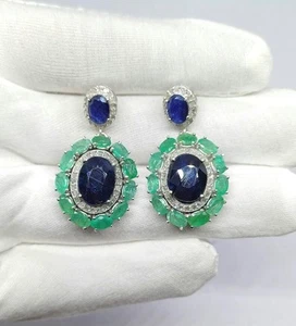 925 plata esterlina esmeralda pendiente y zafiro pendientes de piedras... - Imagen 1 de 2