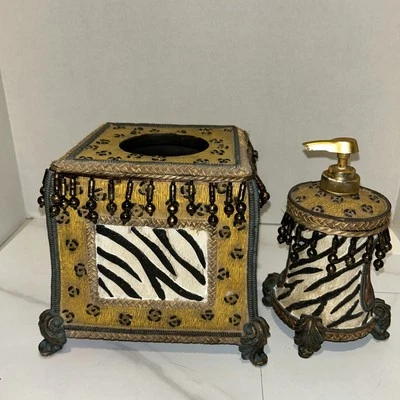 Cubierta de pañuelo temático egipcio y dispensador de jabón a juego con cuentas de cerámica  Foto 1 de 4