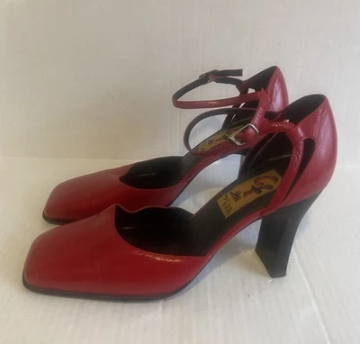 CF by Falchi Mujer Talla 10 Cuero Rojo Grueso Plataforma Tacones Correas al Tobillo Foto 1 de 4