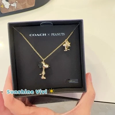 NWT Coach X Peanuts Snoopy And Woodstock Pendant Necklace CCA48 Gold /Black - Image 1 of 4