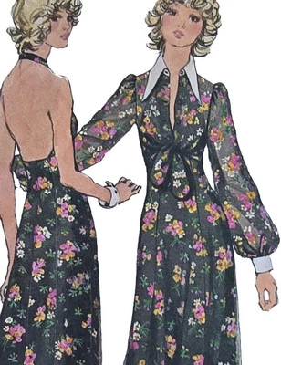 1970s Halter Neck Lantern Sleeve Dress Big Collar Simplicity 5561 Sewing Pattern - Image 1 of 3