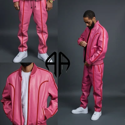 Hombre BRAYDEN Cuero Chándal (Rosa\Rojo) Traje de Sudadera Cuero de Cordero Genuino Foto 1 de 4
