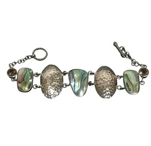 Sterling Silver Abalone Shell Hammered Panel Tennis Bracelet CFJ Signed 7.5” 18g - Picture 1 of 8