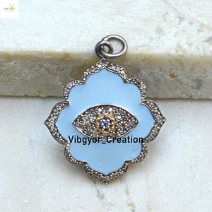 Natural Pave Diamond Evil Eye Enamel Flower Pendant 925 Silver 16" Link Chain - Picture 1 of 3
