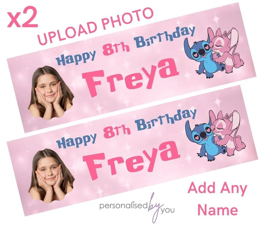 2x Personalised PHOTO Disney LILO & STITCH Birthday Banner LARGE Poster ANY TEXT