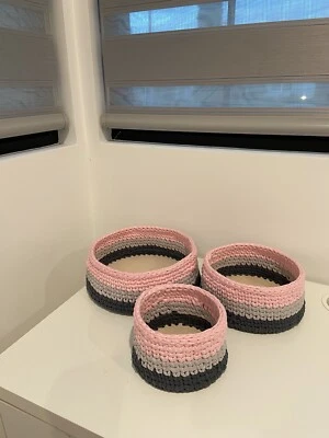 Set Of 3 Round Crocheted Baskets - Image 1 of 3