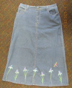 VINTAGE Quacker Factory denim skirt Medium 34”L embroidered beaded floral - Picture 1 of 4