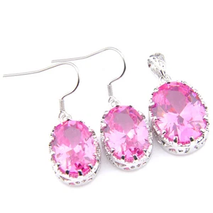 Oval Rainbow Mystic Topaz Silver Dangle Earrings Pendants Necklace Jewelry Set - Picture 1 of 8
