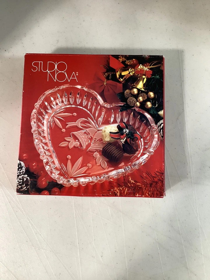 Studio Nova Heart And Bells Glass Tray-Dish 9" For Wedding Or Christmas  - Image 1 of 1