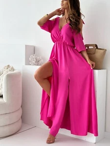 Maxi Sommerkleid V-Ausschnitt gebunden Schulterschlitz Kurzarm hoher Bund - Bild 1 von 26