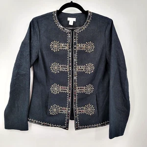 Chico's 0 Women's S Beaded Embellished Military Napoleon Jacket Blazer Denim - Picture 1 of 10