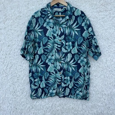 Caribbean Silk Blend XL Mens Hawaiian Shirt Blue Green Leaves Aloha Island Swag - Image 1 of 4