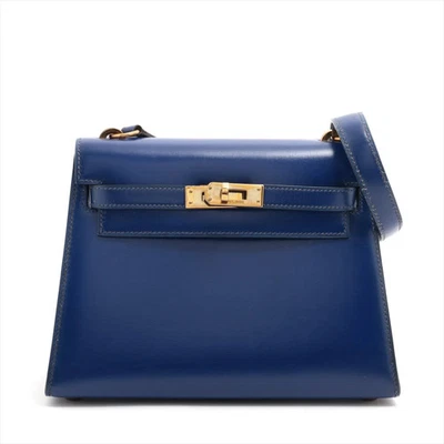 Bolso de hombro Hermès Mini Kelly serie 20 caja becerro azul dorado accesorios de metal grabado Foto 1 de 4