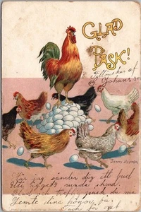 Postal de Pascua firmada por el artista JENNY NYSTROM gallinas gallo pollos "¡GLAD PASK!" - Imagen 1 de 2