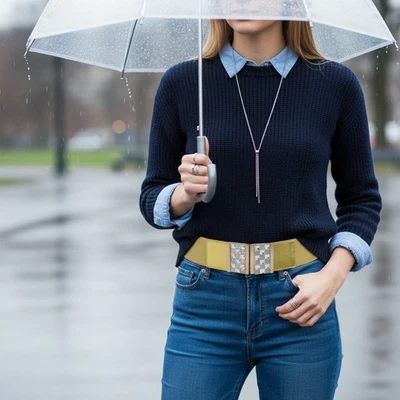 Женщин золото эластичный пояс выходные моды стиль ремень блестящие квадраты пряжка S M - Изображение 1 из 4