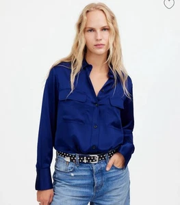 Madewell Silk Flap-Pocket Button-Up Shirt S Cobalt Blue Long Sleeve Blouse Glam - Picture 1 of 11