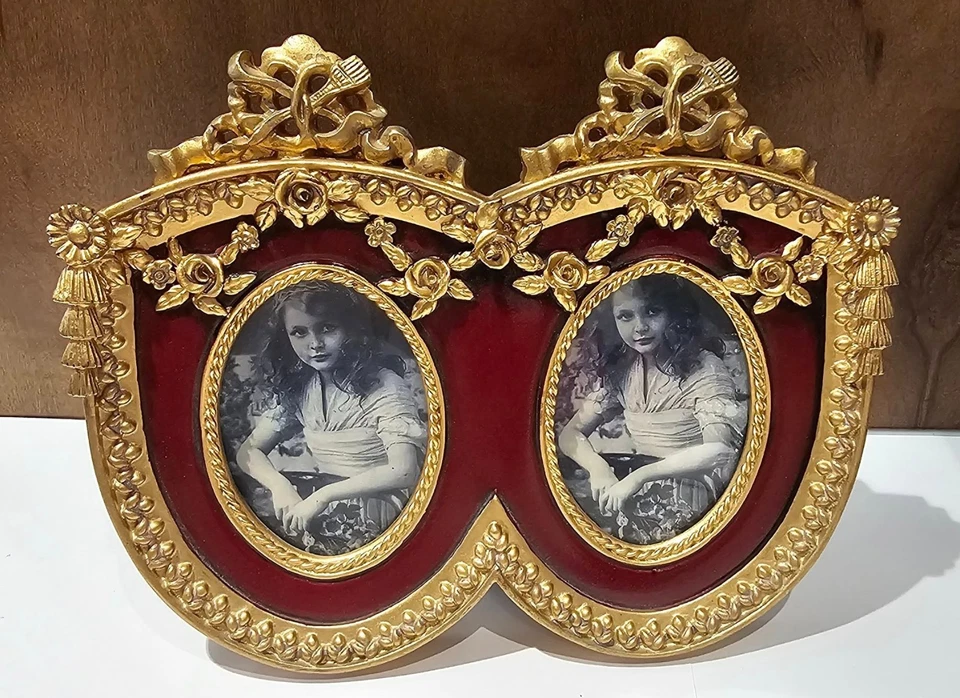 Ornate Double Picture Frame Floral Accents Gold Dark Red Background 2.5 x 3.25 - Image 1 of 3