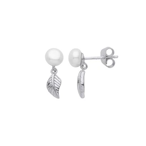 Sterling Silver Jewelco London Cream Pearl Full Moon Feather Leaf Drop Earrings - Picture 1 of 3