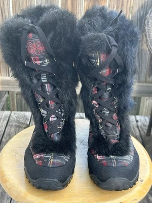 Botas de nieve Coach Jennie a cuadros con cordones y piel de conejo real talla 10B Foto 1 de 4