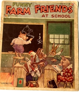 Funny Farm Friends at School~1938 Linen Children's Book Color Plates - Picture 1 of 7