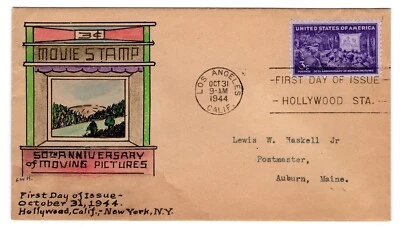 #926 Motion Pictures 50th Anniversary 1944 FDC - Lewis Haskell Hand-drawn - Image 1 of 2