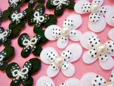 30 Elegant Black & White Pearl/Bow Bead Design Fabric Butterfly Applique/felt D7 - Image 1 of 3