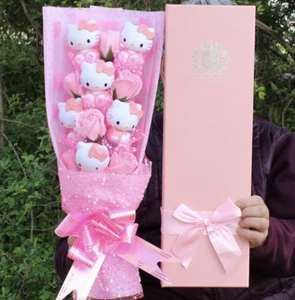 Hello Kitty 6 PVC Dolls 6 Artifical Rose Flowers Bouquet Pink 48cm - Picture 1 of 10