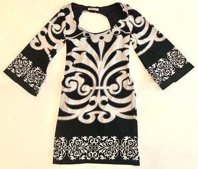 Mini Vestido Arden B XS Azul Marino Blanco Patrón Psicodélico Manga Campana Cerradura Espalda Foto 1 de 4