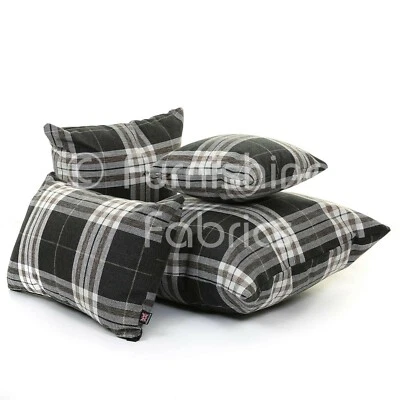 Black Soft New Tartan Striped Pattern Fabric Cover Filled Cushion & British Made - Image 1 of 4