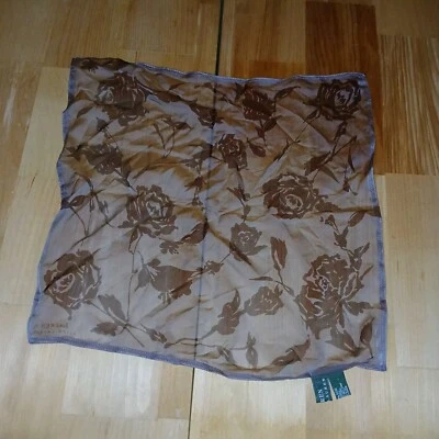 Lauren Ralph Lauren Floral Flowers Silk Square Scarf Chiffon Brown Beige Tan 16" - Image 1 of 4