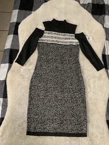 New Danny & Nicole Exposed Shoulder Turtleneck Charcoal White Dress Medium - Picture 1 of 9