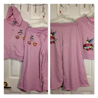 PINK JEWEL SWEATSHIRT & PANTS SET LOVE STUDDED JEWELED GRAPHIC PRINT~GIRLS LARGE - Image 1 of 4