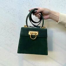 RARE☆☆☆Auth Salvatore Ferragamo Green Suede Kelly Shaped 2Way Handbag Vintage