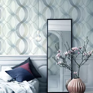 Wallpaper gray blue gold black silver metallic wave Textured trellis wavy lines - Picture 1 of 10