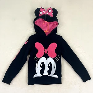 Disney Store Minnie Mouse Hooded Graphic Sweatshirt Black & Pink Bow Ears Hoodie - Picture 1 of 12