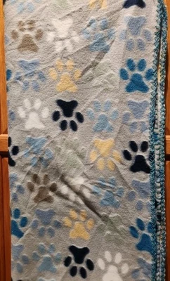 Fleece Throw Gray/Light Blue with Pet Paw Prints 50X60 Inch Polyester NWT - Image 1 of 2