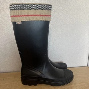 BURBERRY KNIT TOP NOVA CHECK RAIN BOOTS BLACK RUBBER RIDING BOOTS WOMENS Size 7 - Picture 1 of 6