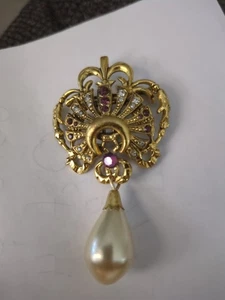 Vintage Florenza unsignierte verzierte Strass Brosche Amethyst & Kristall große Träne - Bild 1 von 1