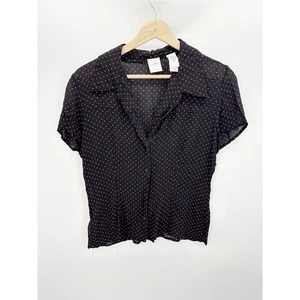 Emma James Black Pink Polka Dot Button Front Collared Blouse Women's Size 10 - Picture 1 of 8