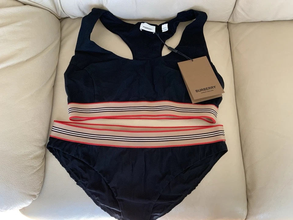 Auténtico conjunto de traje de baño deportivo de 2 piezas a rayas negras rojas Burberry para mujer talla XL Foto 1 de 4