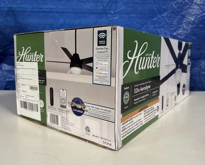 Hunter 51314 Aerodyne 52" Indoor Matte Black Smart Ceiling Fan + Light Kit No Re - Image 1 of 4